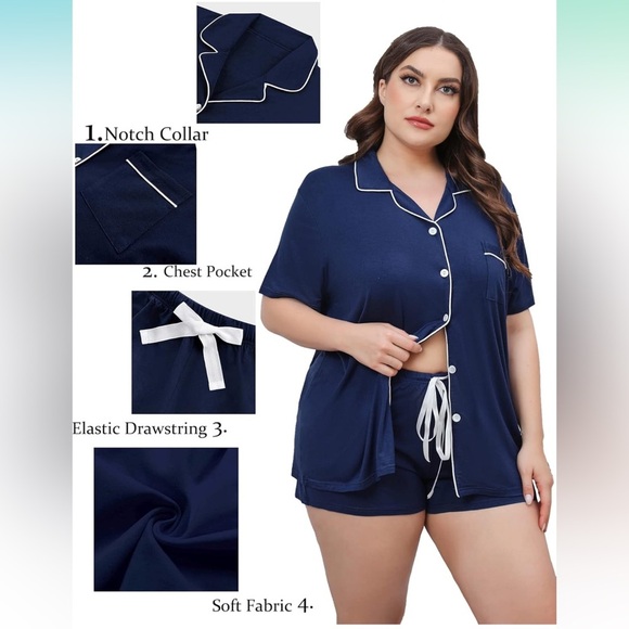 Women's Navy Blue Short Sleeve Pajama Set - Picture 2 of 3